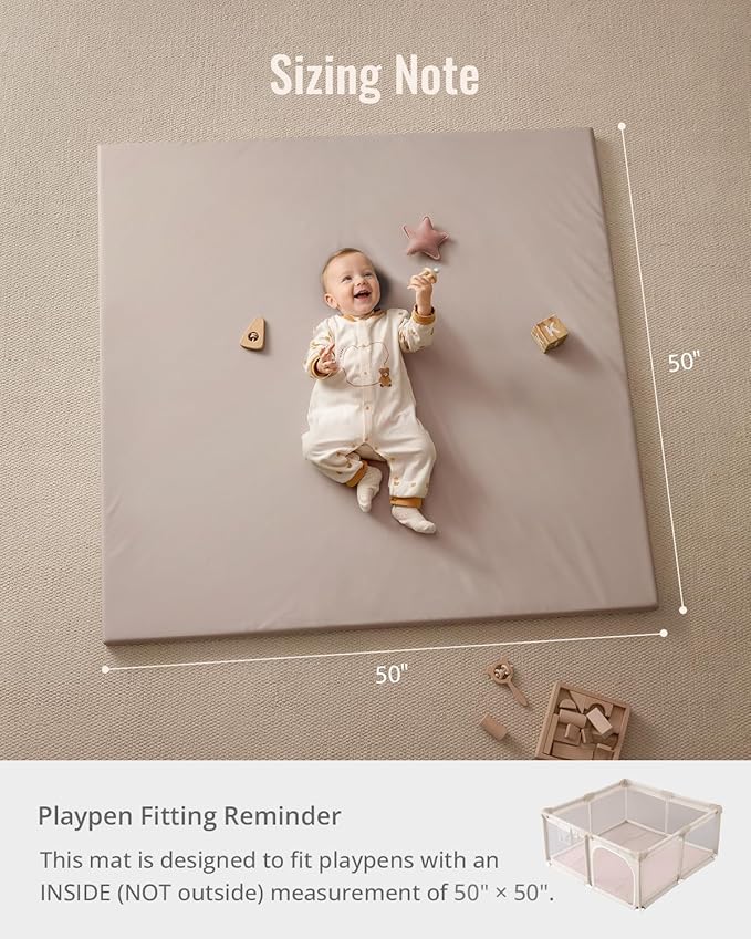 Blissful Diary Vegan Leather Baby Play Mat, 50x50 Thicken Foam Cushioned & Waterproof Playpen Mat for Infants and Toddlers, Stylish and Just Wipe-Clean Playmat for Baby Play on Floor, Taupe-CubbioJoy