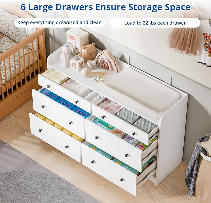 Cozy Castle Baby Dresser with 6 Drawers and Large Table Top, Multi-Functional Chest of Drawer, Drawer Dresser with Three-Sided High Rails for Nursery, Children's Room, Bedroom, White-CubbioJoy