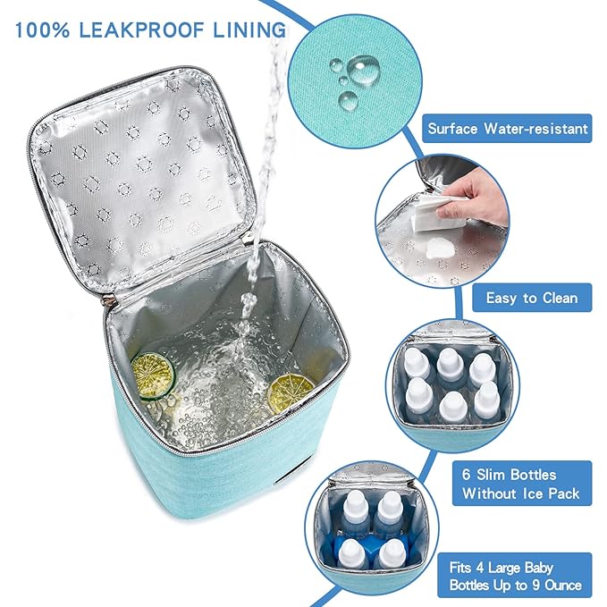 Breast Milk Cooler Bag with Ice Pack Fits 4 Baby Bottles Up to 9 Ounce, Baby Bottle Bag for Nursing Mom Daycare-Aqua-CubbioJoy