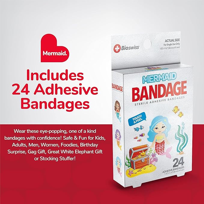 BioSwiss Bandages, Mermaid Shaped Self Adhesive Bandage, Latex Free Sterile Wound Care, Fun First Aid Kit Supplies for Kids, 24 Count-CubbioJoy