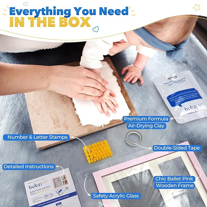 Bubzi Co Footprint & Handprint Keepsake Frame, Baby Memory Display, Nursery Decor, Baby Registry Must-Have, New Parent Gift (Ballet Pink)-CubbioJoy