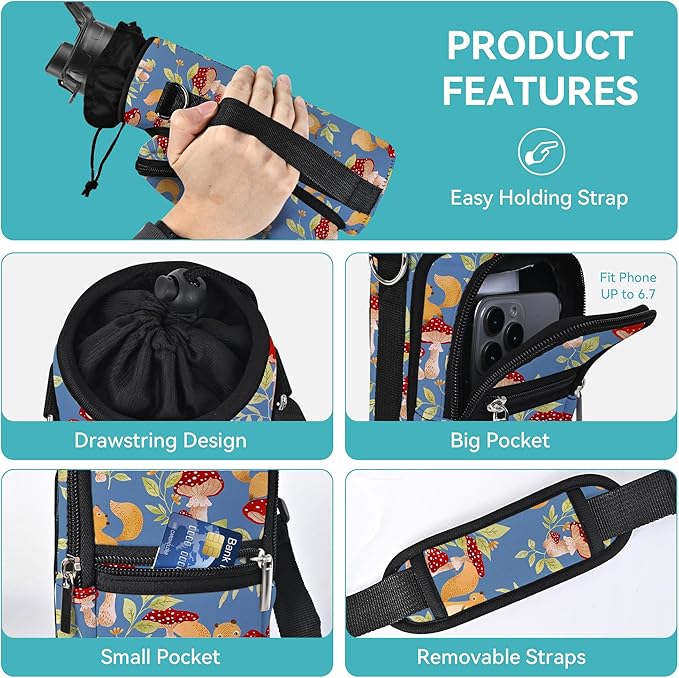 25/32/40/64oz Water Bottle Bag Holder Carrier-Insulated Crossbody Sling Case Sleeve with Strap & Pockets for Men Women Gym Cycling Travel Walking Hiking Camping-CubbioJoy