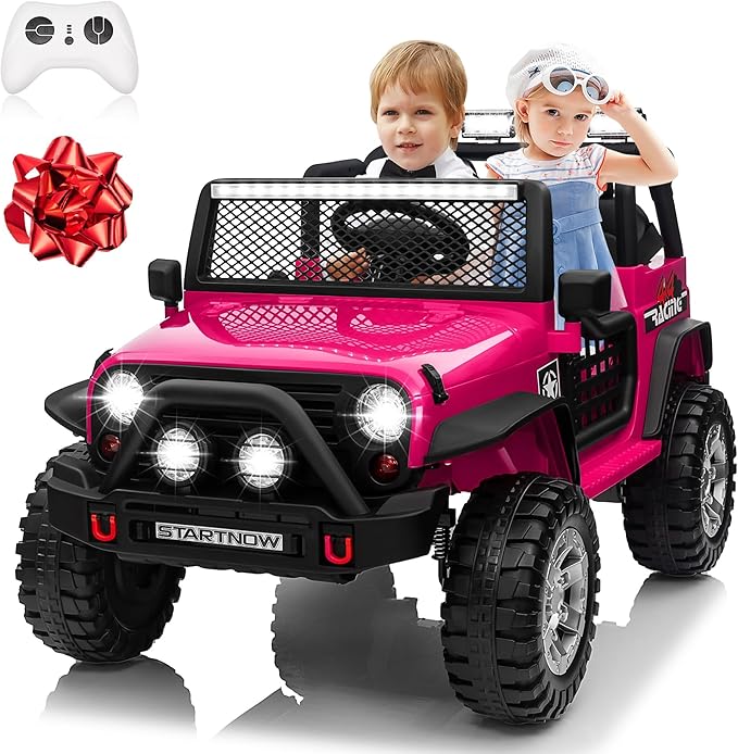 24V 4WD Ride on Truck Car w/800W Motors, Gift Flower, Remote Control, 2 Seaters, Light Bar, 3 Speeds, Pop Music, Power Four Wheels, 24 Volt Ride on Toy Car for Big Kids, Rose Red-CubbioJoy
