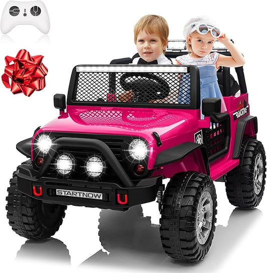 24V 4WD Ride on Truck Car w/800W Motors, Gift Flower, Remote Control, 2 Seaters, Light Bar, 3 Speeds, Pop Music, Power Four Wheels, 24 Volt Ride on Toy Car for Big Kids, Rose Red-CubbioJoy