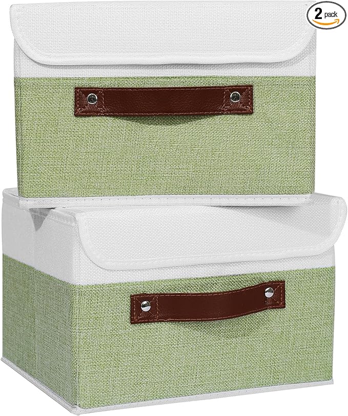 ANMINY 2PCS Storage Boxes with Lid Washable Decorative Storage Bins Basket with PU Leather Handle Foldable Linen Fabric Storage Cubes Containers for Home Closet Organizer - Green White, Small Size-CubbioJoy