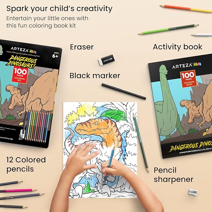 ARTEZA Kids Coloring Book and Colored Pencils Set, Dinosaur Illustrations, 50 Double-Sided Sheets, 100-lb Paper-CubbioJoy