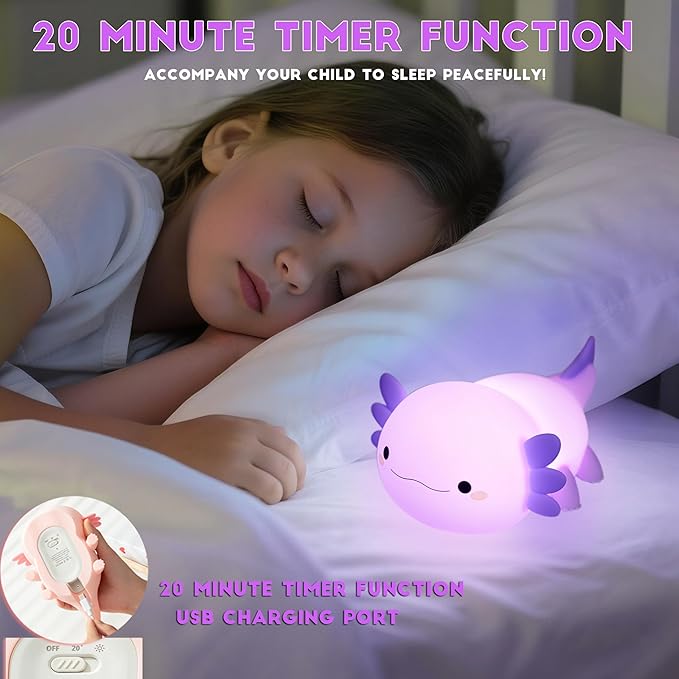 DREAMING MY DREAM Axolotl Night Light for Kids,Cute Axolotl Gifts lamp Rechargeable Light Table Bedside Lamp,LED Animal Silicone Nursery Night Lamp Cute Room Decor for Kids Girls Boys-CubbioJoy
