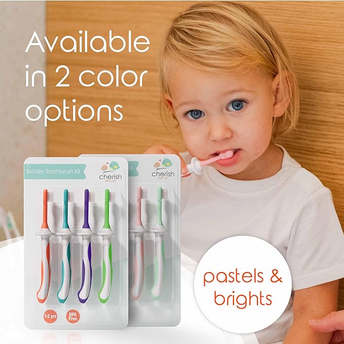 Cherish Baby Care Toddler Toothbrushes 1-2 Years (4-Pack) - BPA-Free & Safety-Tested Kids Toothbrush Kit, Designed by a Pediatric Dentist, Soft-Grip Toothbrush for Kids, My First Toothbrush Set-CubbioJoy
