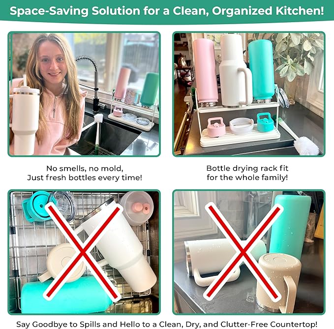 Bottle Drying Rack for Kitchen Countertop, Space Saving Storage Stand with Drainage Tray, Two-Tier Design for Tumblers, Baby Bottles, Water Bottle Drying Rack with 5-in-1 Bottle Cleaning Brush-CubbioJoy