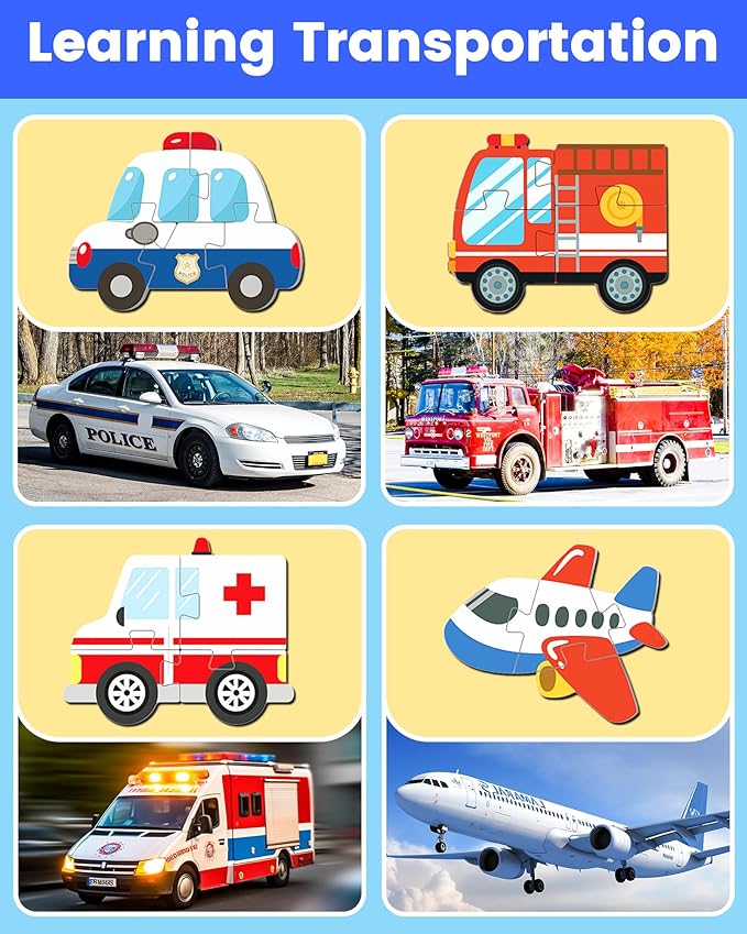 Benresive Wooden Toddler Puzzles, Montessori Toys for 1 2 3 Year Old Boys, Toys for 1 2 3 Year Old Boy Birthday Gifts, 4 Pack Vehicle Toddler Learning Educational Puzzles-CubbioJoy