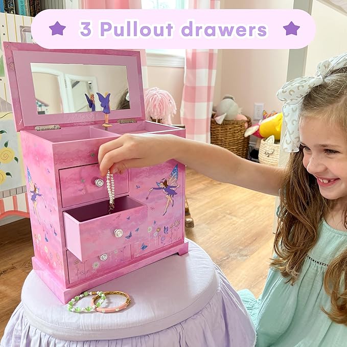 Jewelkeeper Jewelry Box - Jewelry Box for Girls with Ballerina Music Box - 3 Spacious Drawers, Necklace Carousel, Soft Pink Lining and Flowers Design - Sugar Plum Fairy Tune - 9.5 x 7.75 x 9.5 in-CubbioJoy