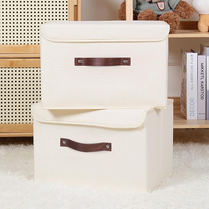 ANMINY 4PCS Storage Bins with Lid PU Leather Handles Storage Boxes PP Plastic Board Decorative Foldable Lidded Cotton Linen Fabric Home Cubes Baskets Closet Organizer Containers - Beige, Large Size-CubbioJoy