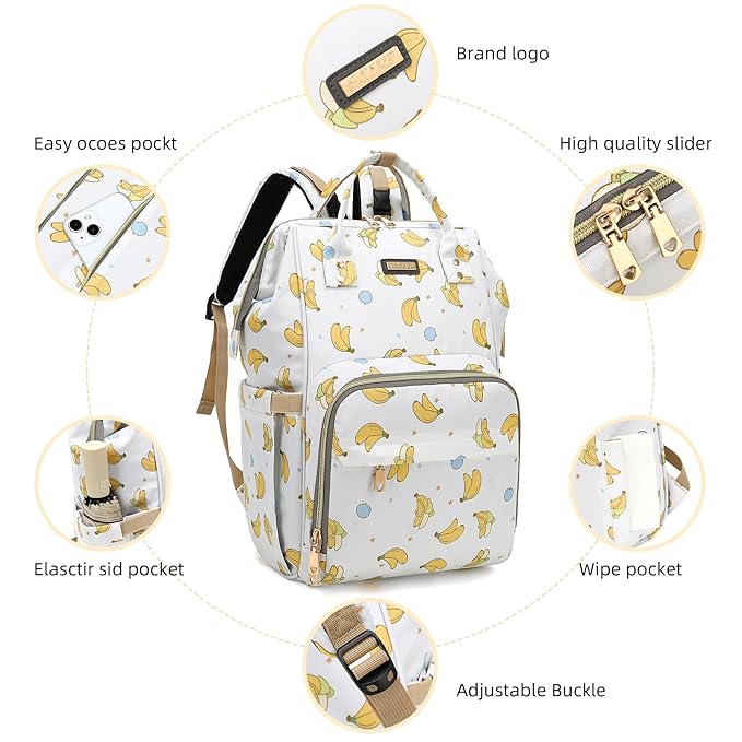 Diaper Bag Backpack, Diaper Bags for Baby Girls Boys, Baby Bags for Moms Dads, Nappy Changing Bag with Insulated Pockets,Multi-functional Waterproof Backpack with Stroller straps -Beige Banana-CubbioJoy