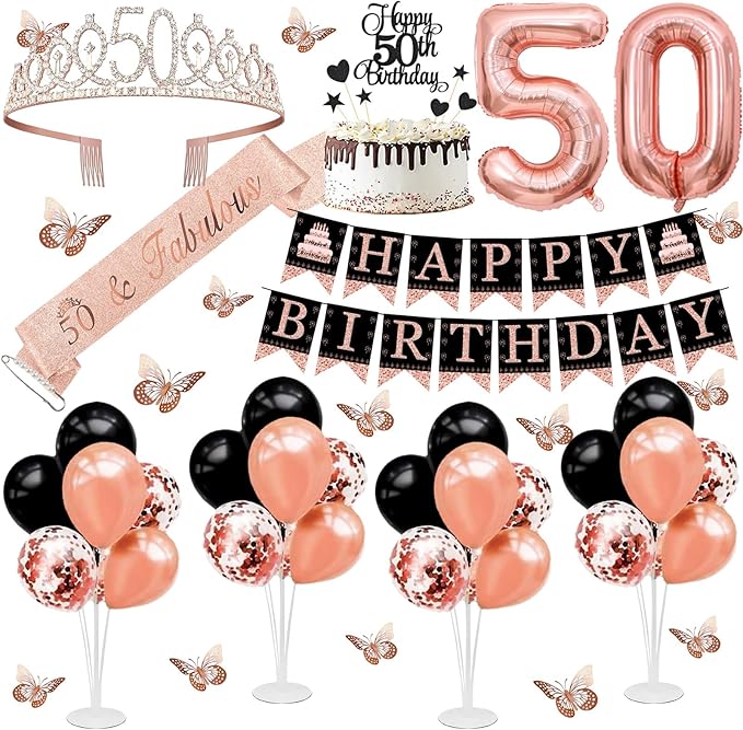 50th Birthday Decorations for Women - 56pcs Rose Gold Happy 50th Banner, 50th Birthday Crown Sash, Cake Topper, Number 50 balloons, 3D Butterflies, 4 Balloon Stands kits-CubbioJoy