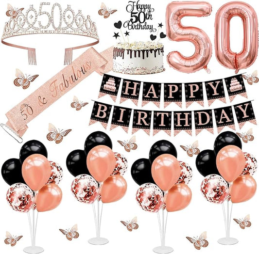 50th Birthday Decorations for Women - 56pcs Rose Gold Happy 50th Banner, 50th Birthday Crown Sash, Cake Topper, Number 50 balloons, 3D Butterflies, 4 Balloon Stands kits-CubbioJoy