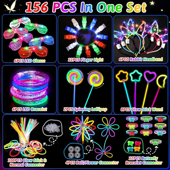 156PCS Glow in The Dark Party Supplies for Kids 8-12, Light Up Glasses Headband Rings Halloween Party Favor Adult, 100 Glow Sticks Bulk Party Pack DIY Necklaces Bracelets Neon Camping Pool Decorations-CubbioJoy