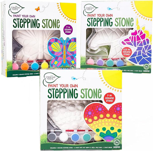 Creative Roots Paint Your Own Stepping Stones Multipack with Butterfly, Unicorn, & Heart, 3 Ceramic Stepping Stones (7 Inch Each), 18 Acrylic Paints, 3 Paintbrushes, Ages 8+-CubbioJoy