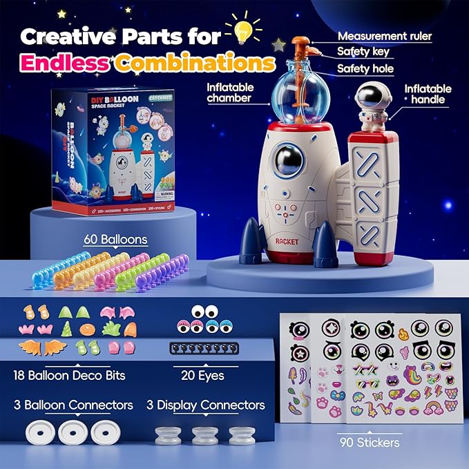 DIY Space Magic Balloon Craft Kit, Sticker Decorated Balloons Toy for Kids, Rocket Air Pump Fun with Balloon Monster Pals, DIY Creative Activity, Birthday Gifts for Girls Boys Ages 3+-CubbioJoy