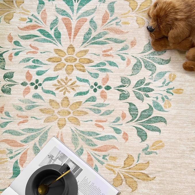 jinchan Round Rug 8ft Area Rugs,Vintage Floral Distressed Design Machine Washable Soft Non-Slip Low-Pile Ultra-Thin Circle Rug for Living Room Dining Room Bedroom Home Office (8' Round,Apricot Multi)-CubbioJoy