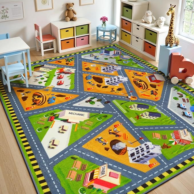 STARUIA Kids Cars Rug for Playroom, 5.3x6.6 Car Rugs for Kids Toy Cars, Non-Slip City Road Map Rug for Boy Bedroom, Educational Toddler Carpet Play Mat for Kid Room Classroom Nursery(63"x78")-CubbioJoy