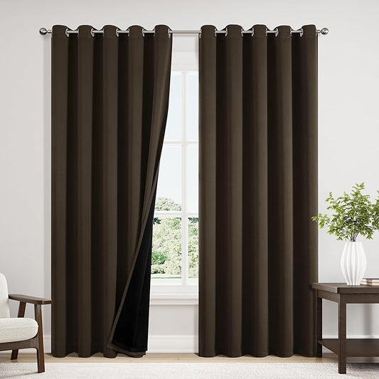 ChrisDowa 100% Blackout Curtains 84 inch Long for Bedroom with Black Liner, Extra Wide 2 Thick Layers Total Blackout Thermal Insulated Grommet Window Curtains 2 Panels Set (Brown, 60 x 84 Inch)-CubbioJoy