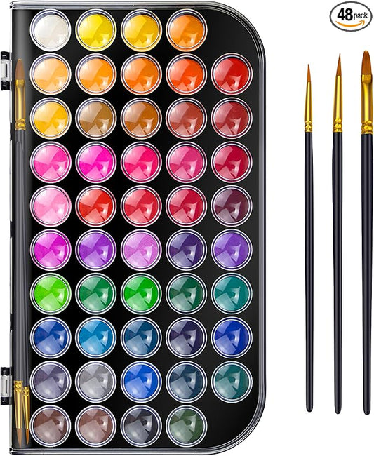 Caliart Watercolor Paint Set, 48 Colors with 3 Brushes, Mini Travel Watercolors Painting Kit Gifts for Adults Artists Painters Kids Teen Girls Boys Art Supplies-CubbioJoy