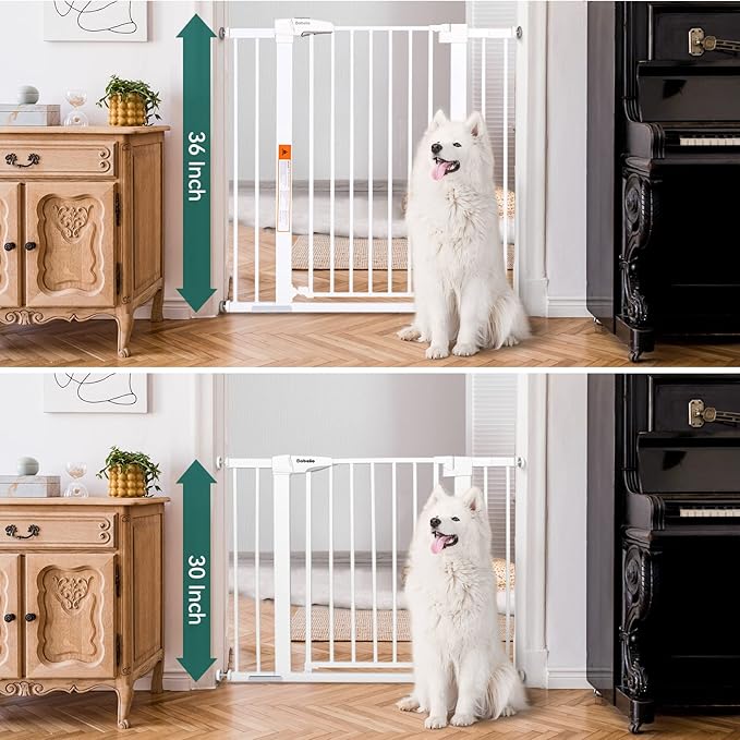 BABELIO 36" Extra Tall Dog Gate, 26-40" Wide Auto Close Baby Gate, Pressure Mounted Metal Pet, Easy Install No Drilling, No Tools Required, With Wall Protectors and Extension Kits, White-CubbioJoy
