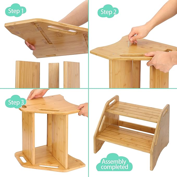 AMBIRD Wooden Step Stool, Two Step Stools Toddler 300 lbs Capacity with Safety Non-Slip Pads and Handles, Bamboo Step Stool for Bathroom, Kitchen Dual Height Step Stools for Kids (Natural)-CubbioJoy