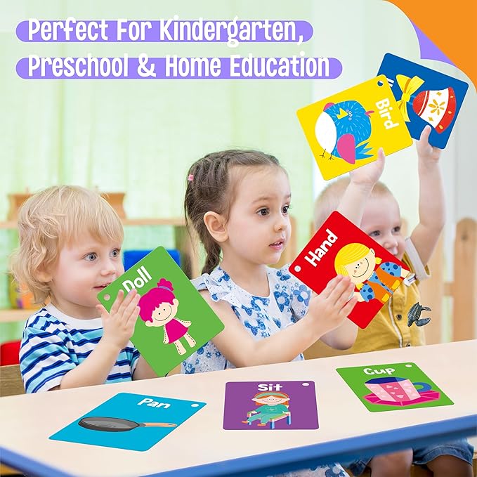 52 PCS Word Flashcards, 52 CVC Words & 52 CVCC, CCVC Words Double-Sided Cards with 2 Rings, Vocabulary Phonics Learning, Educational Tool for Preschool, Kindergarten, Toddlers-CubbioJoy