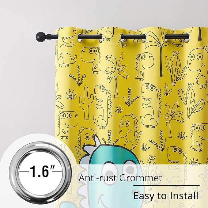 Dinosaur Blackout Curtains for Kids Room - 2 Panels, Each W52×L84, 100% Blackout, Thermal Insulated, Noise Reducing, Perfect for Kids Room and Nersury-CubbioJoy