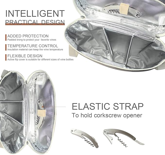 3 Bottle Insulated Wine Tote Carrier Bag, Portable Travel Padded Wine Cooler - Corkscrew Opener, Handle and Adjustable Shoulder Strap, Wine Lover Travel Picnic Party Wedding Wine Tote Grey-CubbioJoy