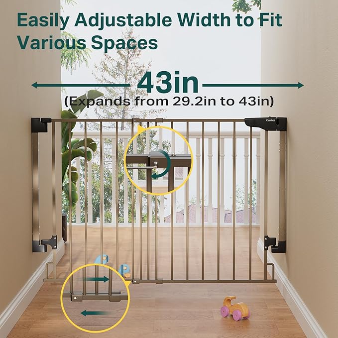 Cumbor 29.2-43" No Bottom Bar Baby Gate for Stairs, 2-in-1 Hardware Mounted Dog Gate Indoor, Pet Gate for Doorways with Large Walk Thru Door, Child-Proof Safety Gate for Top & Bottom of Stairs (Brown)-CubbioJoy