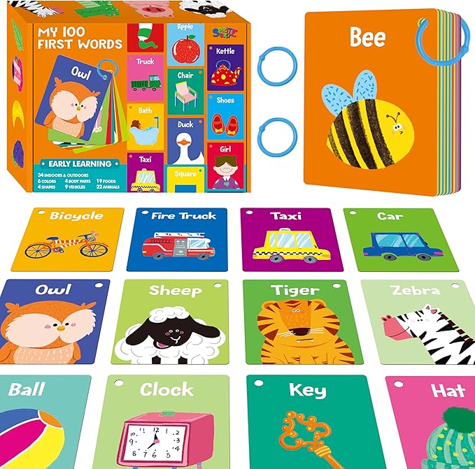 50 PCS First Word Flashcards, Double Sided Learning Cards Alphabet, Foods, Animals, Shapes, Colors, Vehicle, Body Parts with 2 Reclosable Rings, Learning Tool for Pre-K Kindergarten Toddlers-CubbioJoy