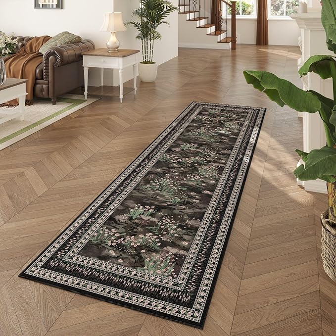 2x6 Runner Rug Impressionist-Style Vintage Kitchen Rugs Non Slip Washable Soft Carpet Runner for Kitchen Laundry Bedroom Bathroom, Black-CubbioJoy