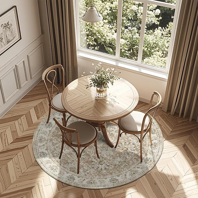 jinchan Round Rug 6ft Area Rug - Taupe Vintage Floor Mat Kitchen Indoor Ultra-Thin Soft Floral Print - Washable Circle 6' Retro Accent for Farmhouse Non Slip Dining Room Living Room Bedroom Office-CubbioJoy