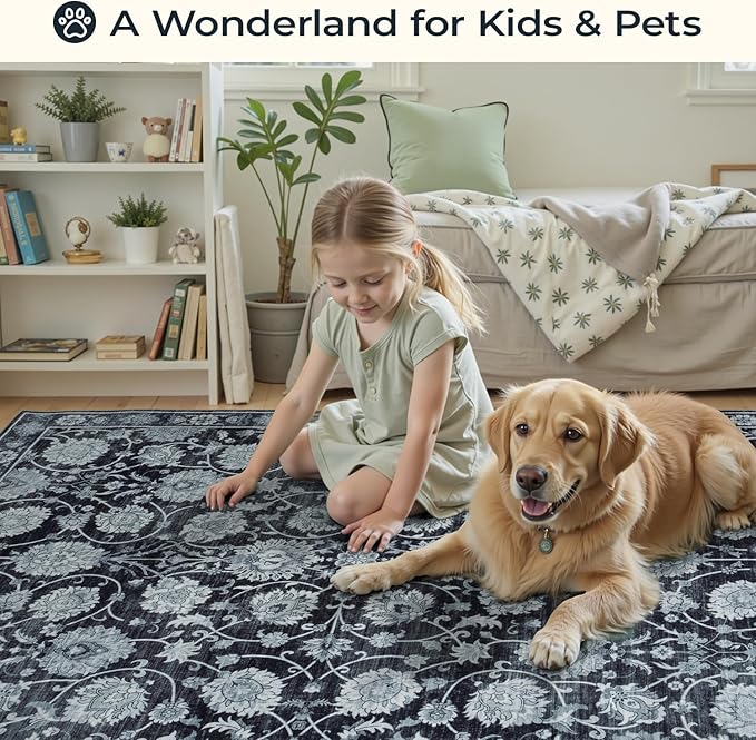 6x9 Area Rug for Living Room & Bedroom, Washable Non-Slip Vintage Distressed Rugs, Floral Soft Carpet, Low Pile Wool Carpets for Indoor Dining Home Office Playroom Under Table, Black-CubbioJoy