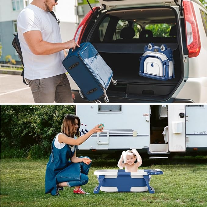 Collapsible Baby Bathtub for Newborns to Toddler with Real-time Temp Monitor & Floating Cushion,Portable Travel Tub for 0-36 Month, Foldable Baby Bath Tub for Infants Boy (Blue)-CubbioJoy