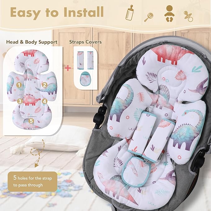 Infant Car Seat Insert, 2-in-1 Head & Body Carseat Support for Baby Newborn Toddler with Strap Covers, Reversible Ultra-Soft Cushion for Baby Carseat, Stroller, Swing & Bouncer-CubbioJoy
