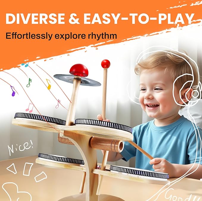 iPlay, iLearn Toddler Wooden Drum Set, Kids Musical Instruments Toy, 8 in 1 Percussion Drum Kit W/Xylophone Cymbal, Baby Montessori Learning Birthday Gifts for 18 Month, 2 3 4 5 6 Year Old Boy Girl-CubbioJoy