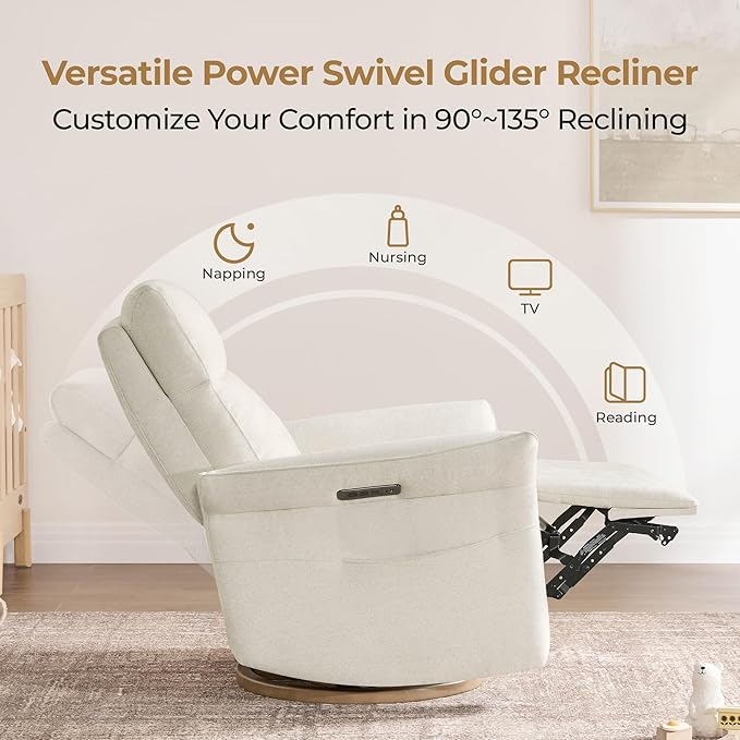 CHITA Power Recliner Chair, Electric Triple-Motor Swivel Glider Nursery Rocking Chair with Adjustable Power Headrest and Lumbar Support, GREENGARD Gold Certified, Solid Wood Base, Linen-CubbioJoy