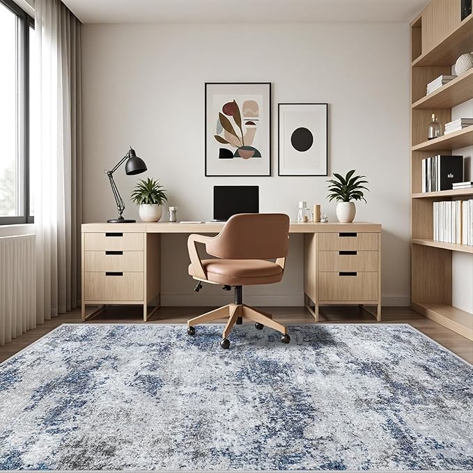 Area Rug 9x12 Washable Rugs: Abstract Large Living Room Rugs with Non-Slip Backing, Stain Resistant Indoor Floor Carpet for Bedroom Dining Room Table Nursery Hallway Home Office Blue/Gray/Black-CubbioJoy