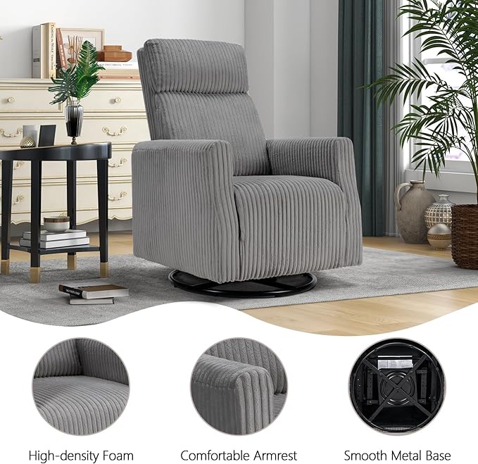 CANMOV Swivel Rocker Chair for Nursery, Swivel Accent Chair with High Back and Arms, Corduroy Glider Chair for Living Room Bedroom Nursery, Grey-CubbioJoy