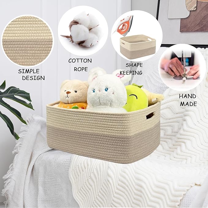 COMFY-HOMI Cotton Rope Woven Basket with Handles for Shelves,Toys,Book, Cloth Storage Baskets for Organizing-17" x 13" x 7.5" Toy Decorative Organizer for Living Room, Bathroom （Beige brown）-CubbioJoy