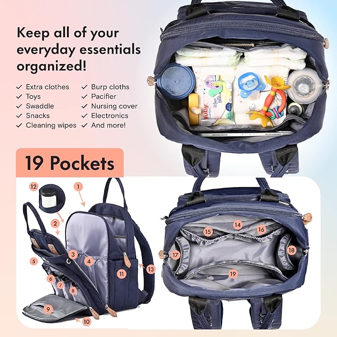 Dikaslon Diaper Bag Backpack with Portable Changing Pad, Pacifier Case and Stroller Straps, Large Unisex Baby Bags for Boys Girls, Multipurpose Travel Back Pack Moms Dads, Navy Blue-CubbioJoy