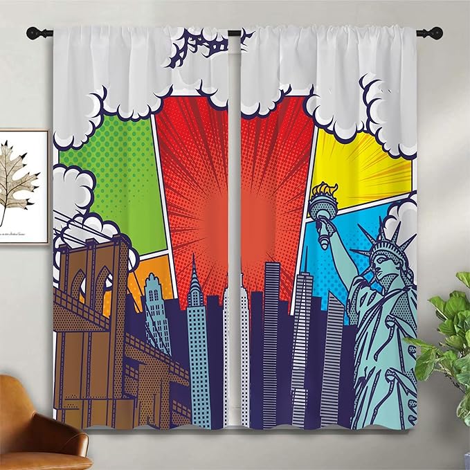 City Rod Pocket Blackout Curtains for Boy Girl Bedroom, Pop Art Style New York Cityscape Home Energy Efficient Light Filtering Window Curtain for Living Room, 42x63 inch-CubbioJoy