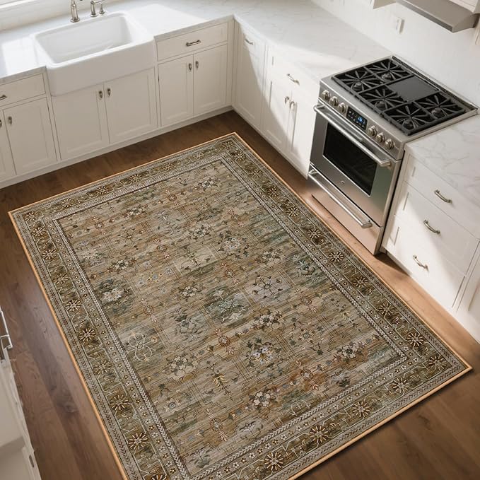 4x6 Area Rug for Bedroom Machine Washable, Non Slip Vintage Floral Kitchen Rugs for Dining Room, Low Pile Indoor Floor Print Carpet for Nursery Farmhouse Home Office Olive/Charcoal-CubbioJoy