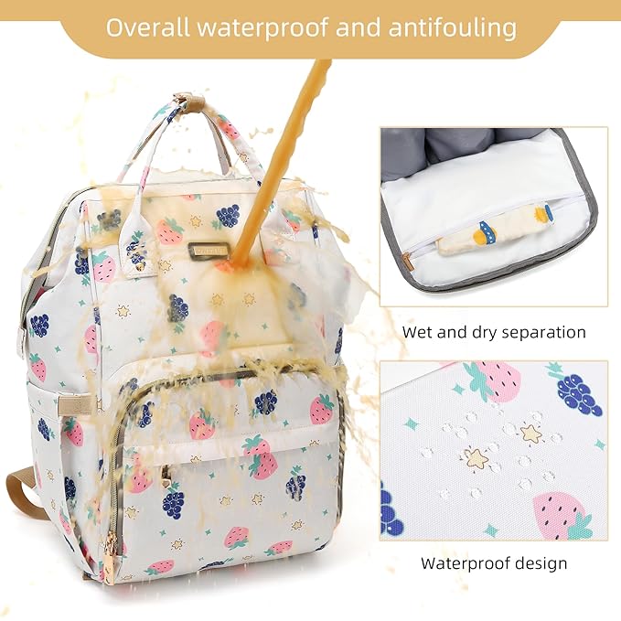 Diaper Bag Backpack, Diaper Bags for Baby Girls Boys, Baby Bags for Moms Dads, Nappy Changing Bag with Insulated Pockets,Multi-functional Waterproof Backpack with Stroller straps-Berry White-CubbioJoy