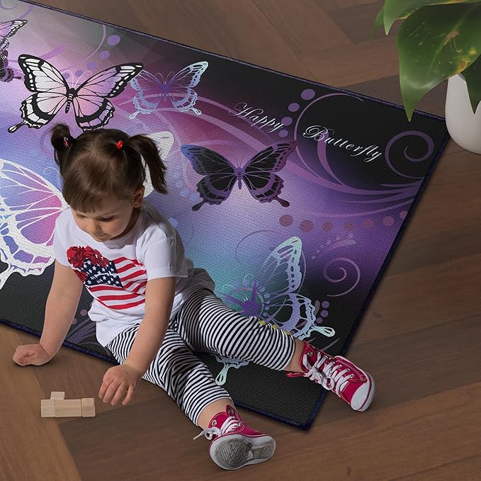 Beautiful Butterfly Fantasy Rug for Playroom Girls Bedroom Colorful Rainbow Butterfly Decor Area Carpet 2x3 Purple Mat 3D Printed Non-Slip Washable-CubbioJoy