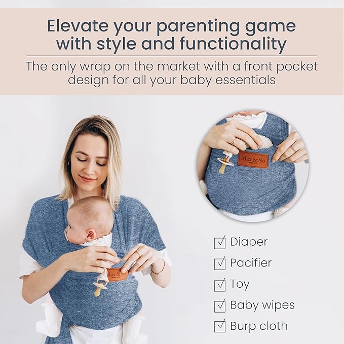 Baby Wrap Carrier - Premium Cotton Baby Carrier Wrap for Newborn to Toddler- Infant Carrier- Baby Holder One Size Fits All with Front Pocket (Grey) by Max&so-CubbioJoy
