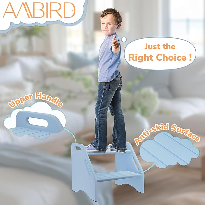 AMBIRD Wooden Step Stool, Two Step Stools 300 lbs Capacity with Safety Non-Slip Pads and Handles, Bamboo Step Stool for Bathroom, Kitchen Dual Height Step Stools for Kids (Sky Blue)-CubbioJoy